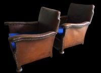 SOLD Pair of English Country House tan leather armchairs