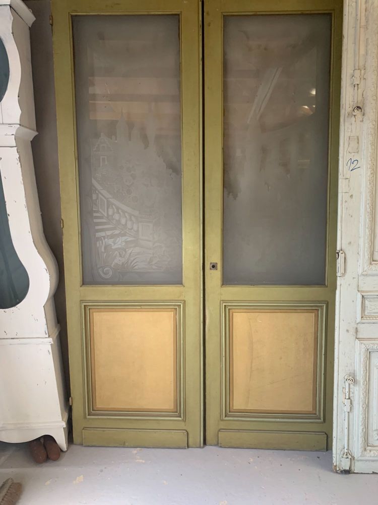 Pair of etched glass french salon doors