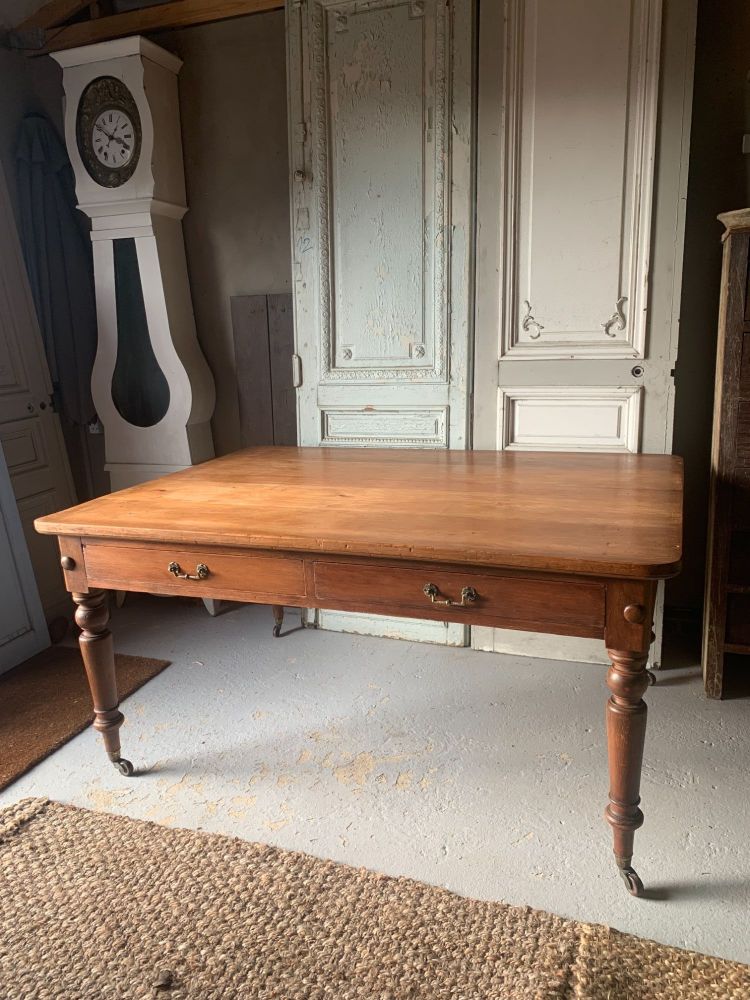 Vintage pine library table with 4 drawers