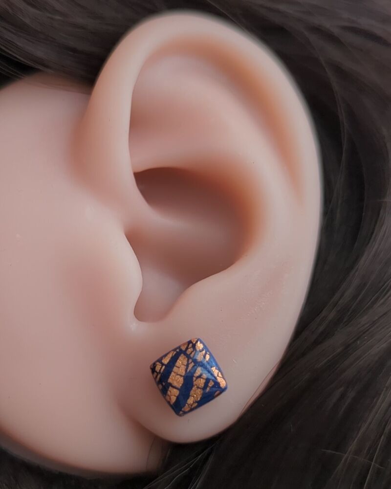Blue and Copper Square Pebble Studs