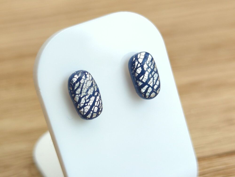 Blue and Silver Oval Pebble Studs