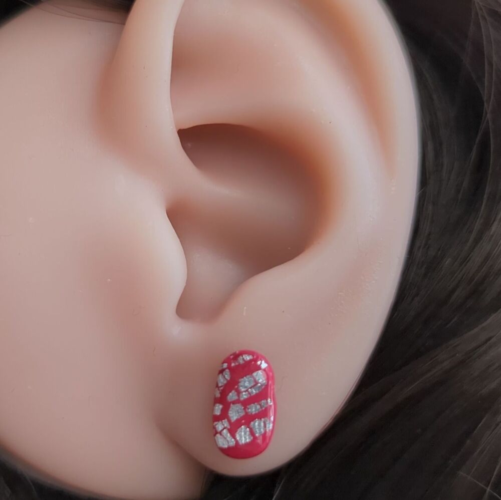 Cerise and Silver Oval Pebble Studs