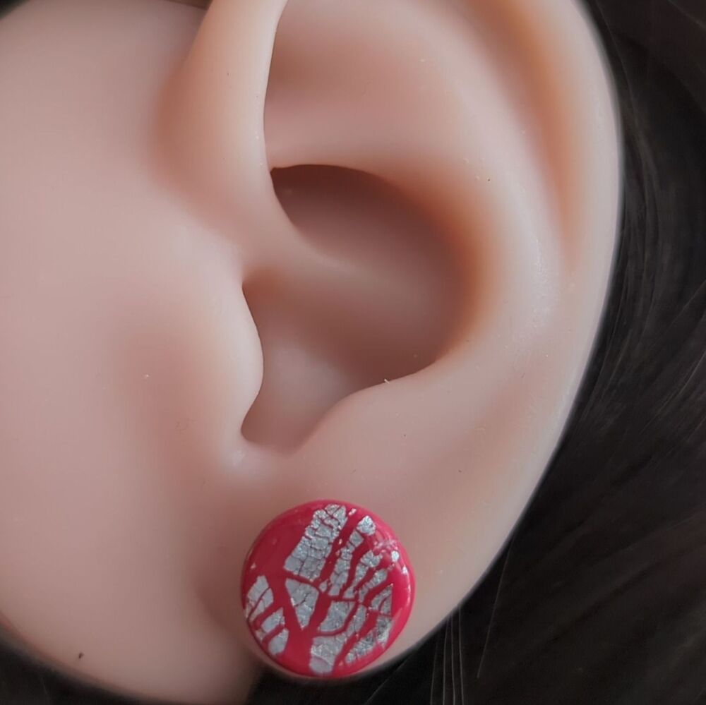 Cerise and Silver Round Pebble Studs (large)