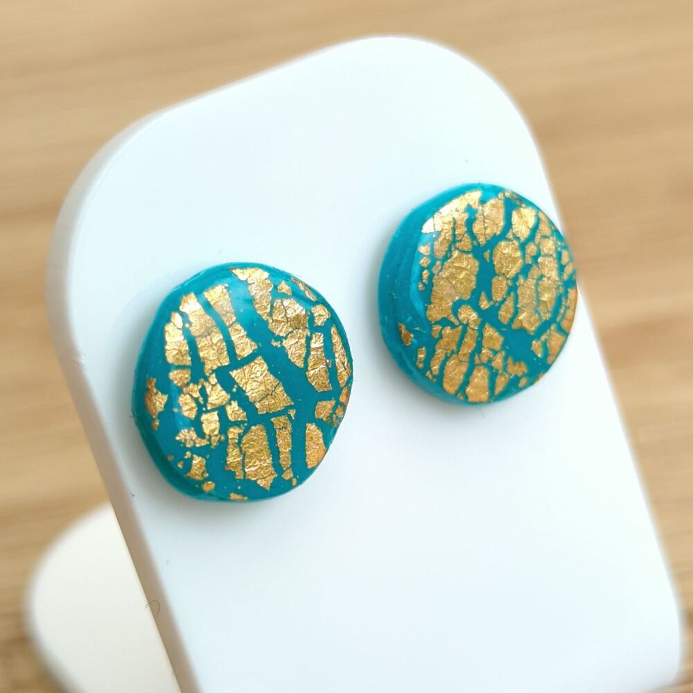Turquoise and Gold Round Pebble Studs (large)