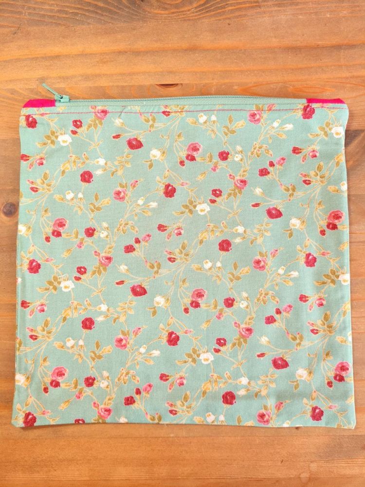 Zipped "Lucy" make up bag in green floral cotton