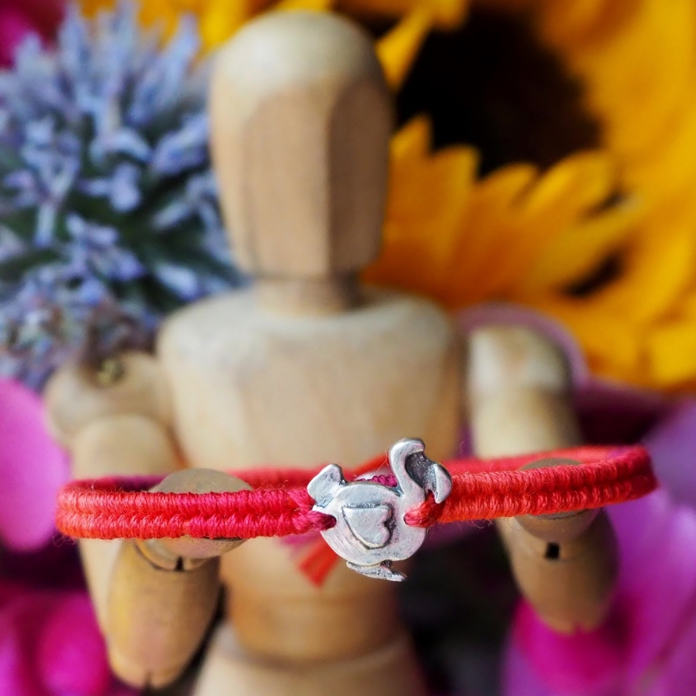 Fine silver dodo charm on a red friendship bracelet