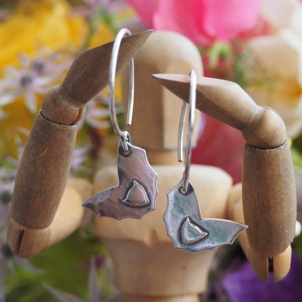 Fine silver bat earrings on hand formed sterling silver wires
