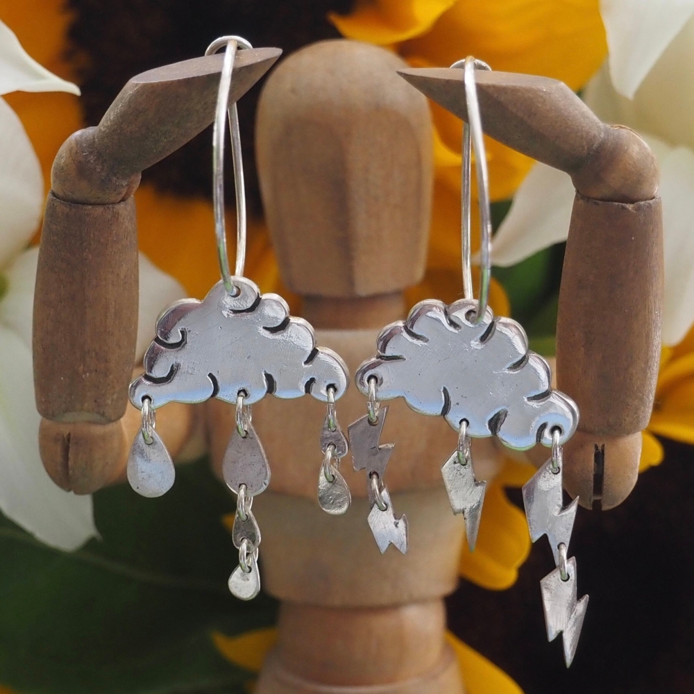Fine silver small cloud earrings on small hand formed sterling silver hoops 