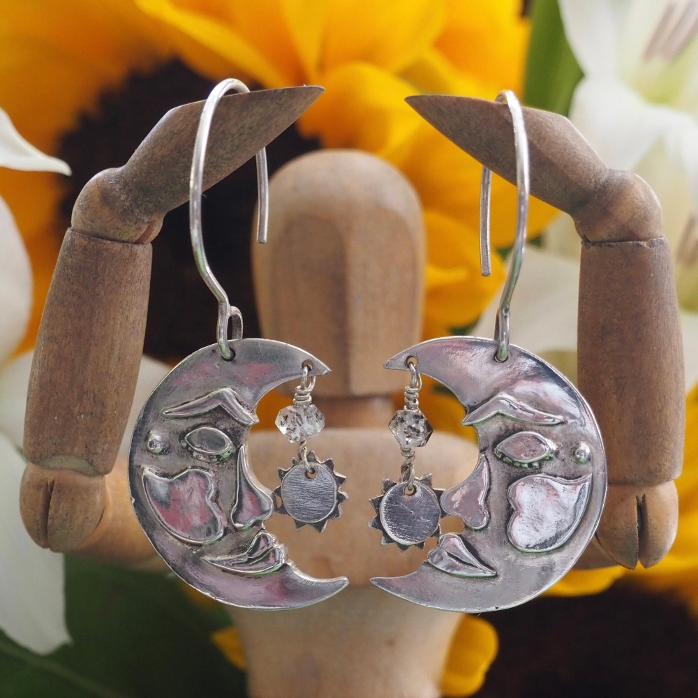 Fine silver moon and sun earrings with Herkimer diamonds on hand formed sterling silver wires