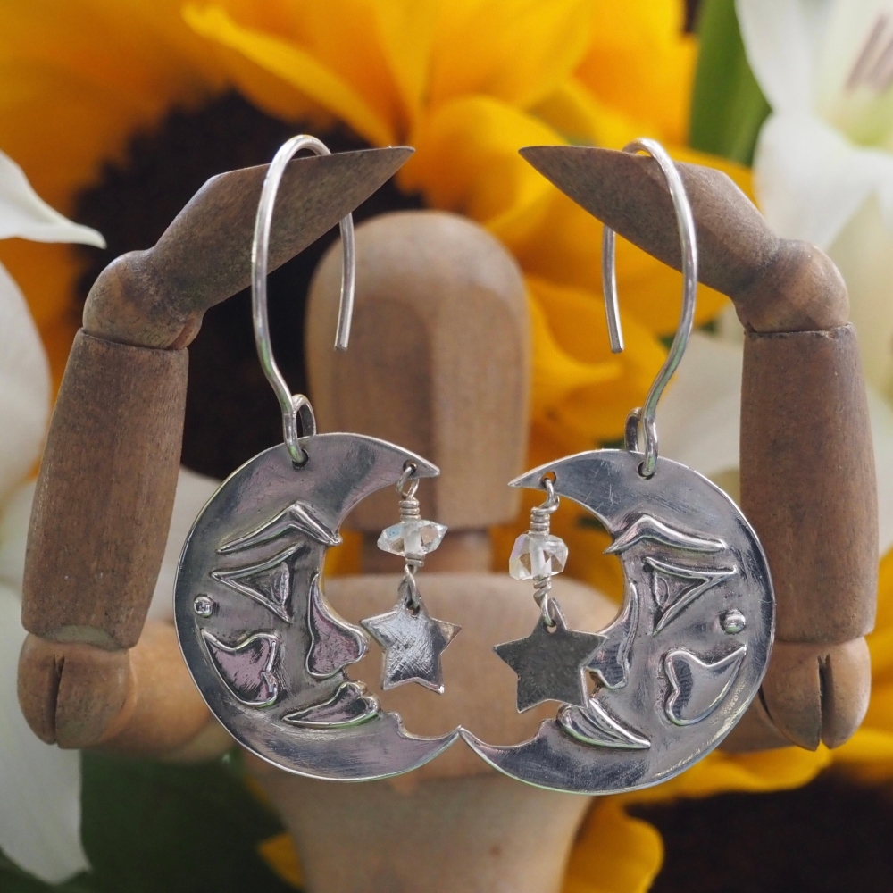 Fine silver moon and star earrings with Herkimer diamonds on hand formed sterling silver wires