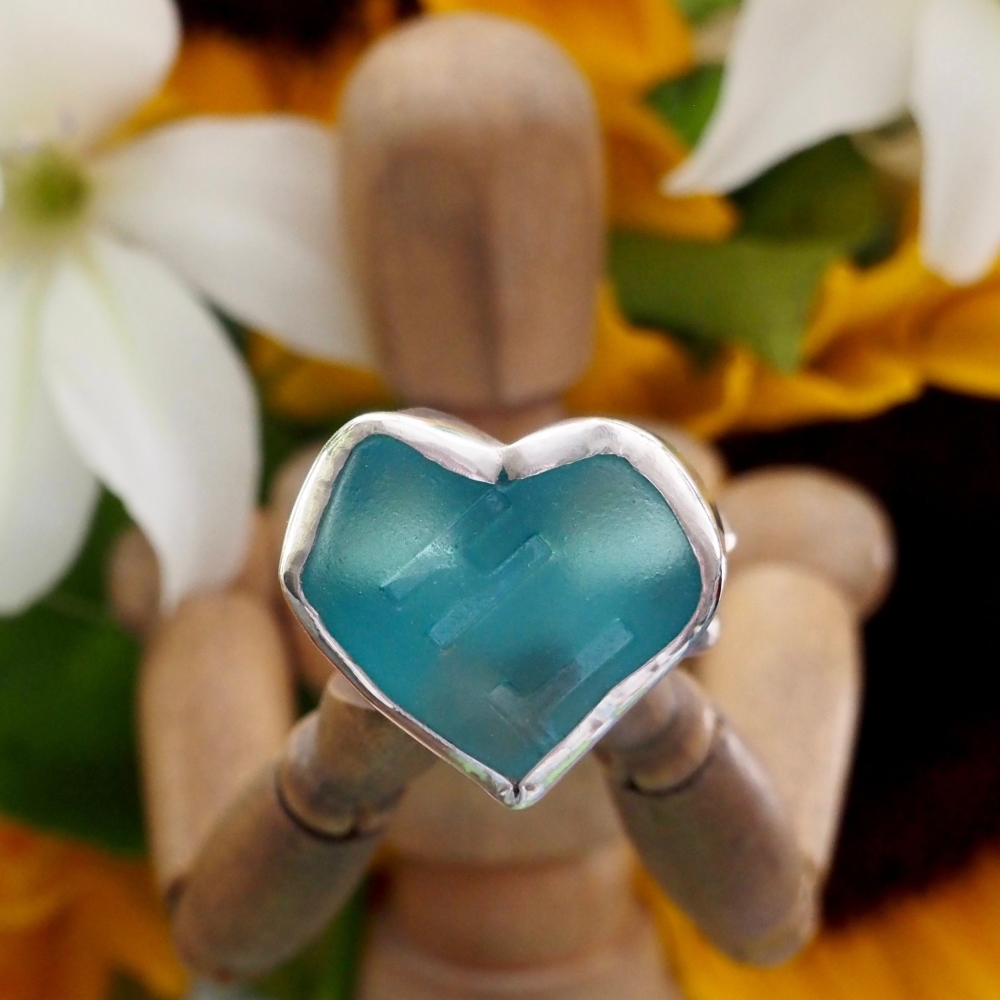 Sterling silver ring with large blue 'sea glass' heart