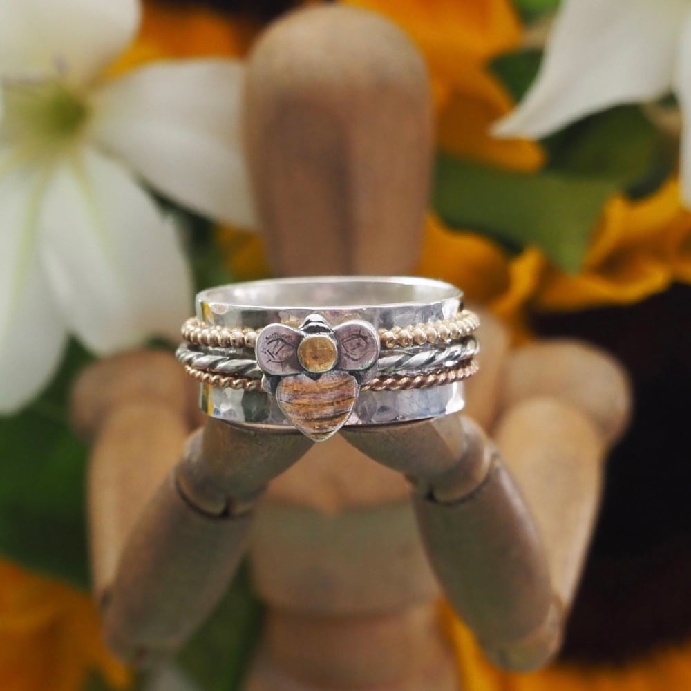 Sterling silver spinner ring with fine silver and gold bumble bee
