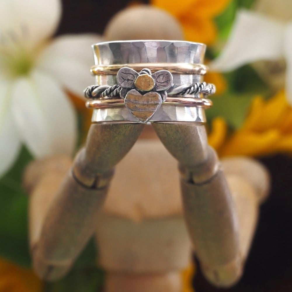 Sterling silver spinner ring with fine silver bumble bee