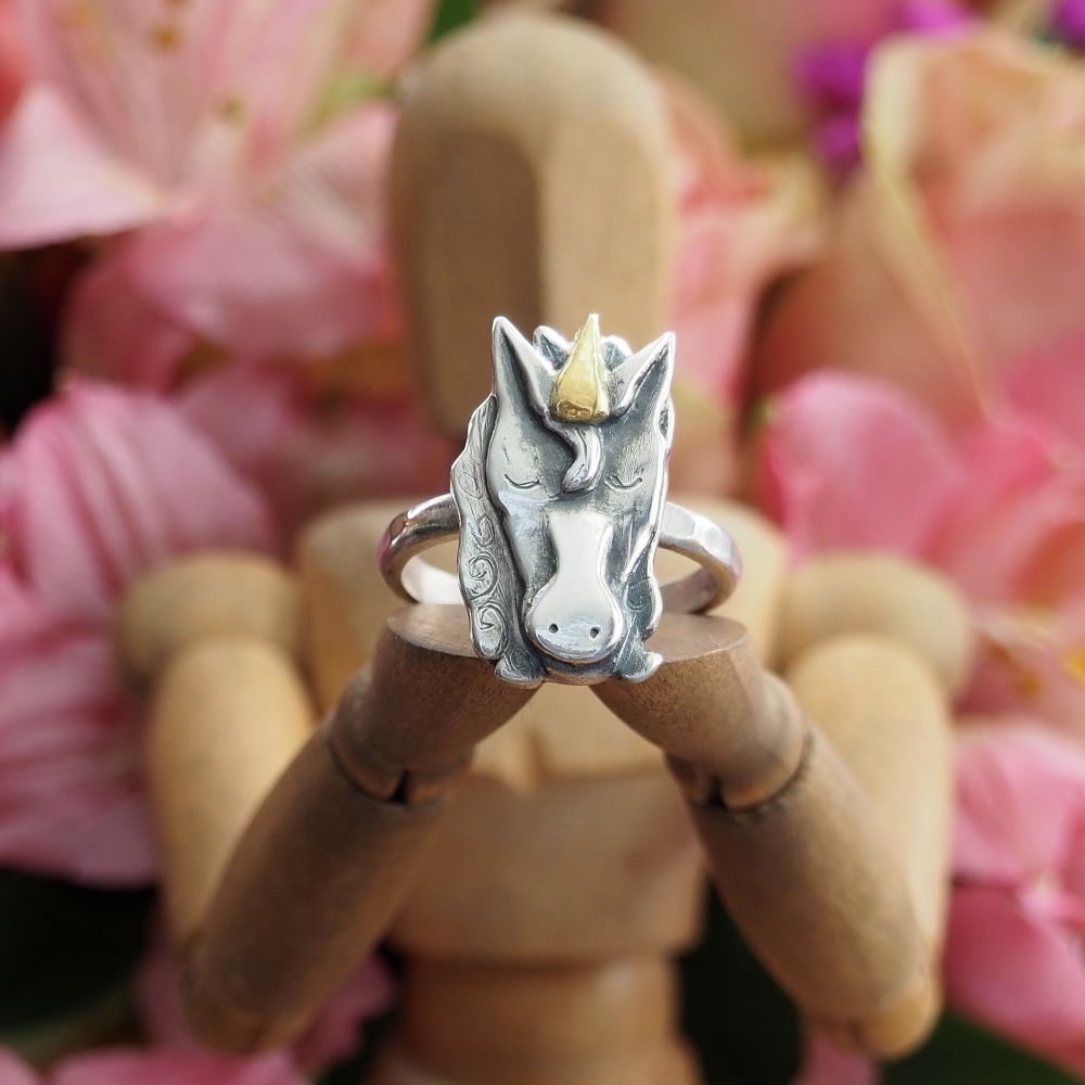 Sterling silver ring with fine silver unicorn