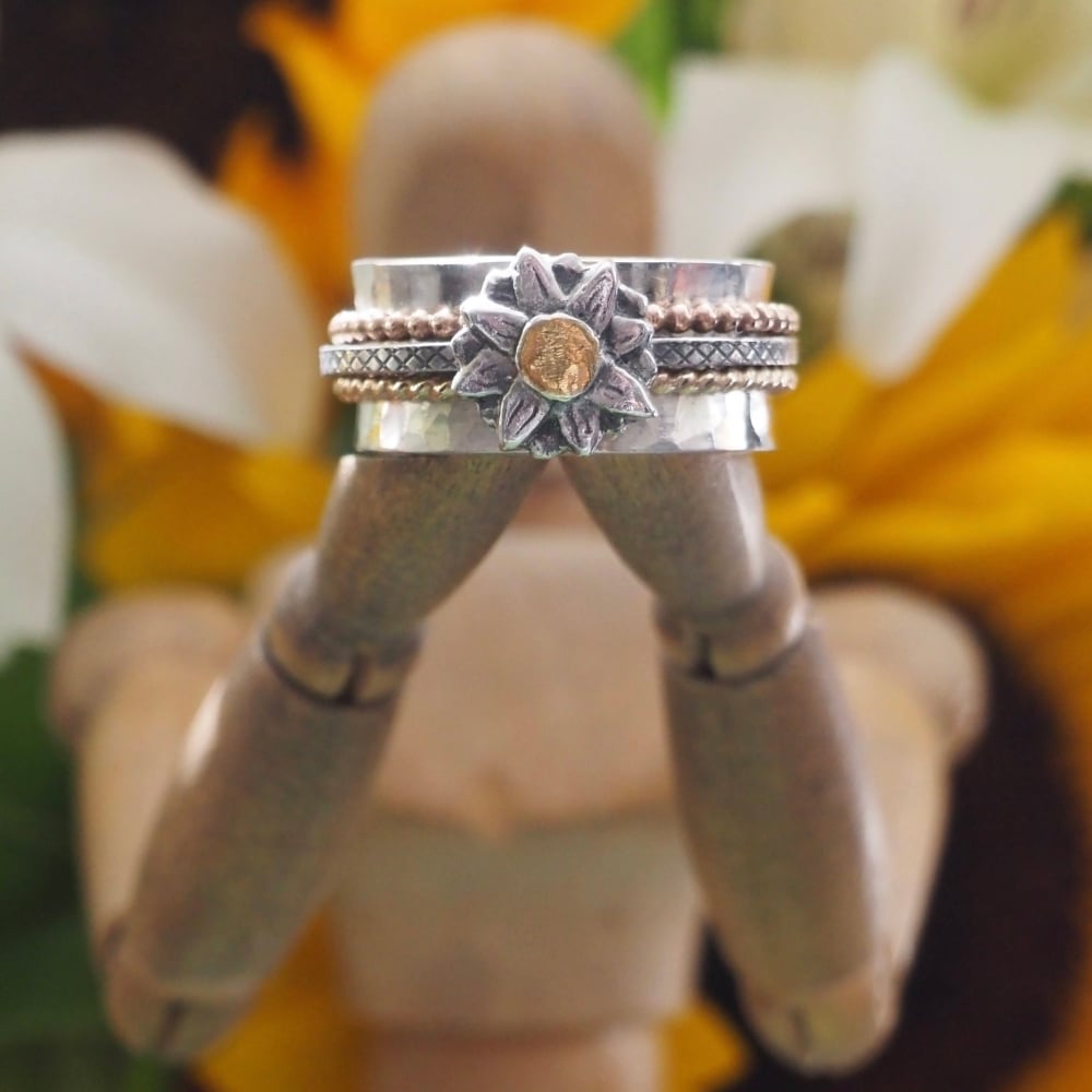 Sterling silver spinner ring with fine silver sunflower