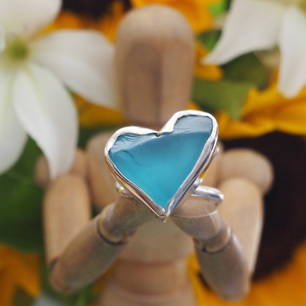 Sterling silver ring with blue 'sea glass' heart
