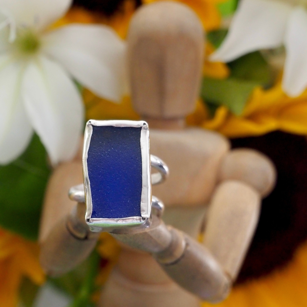 Sterling silver ring with blue 'sea glass' square