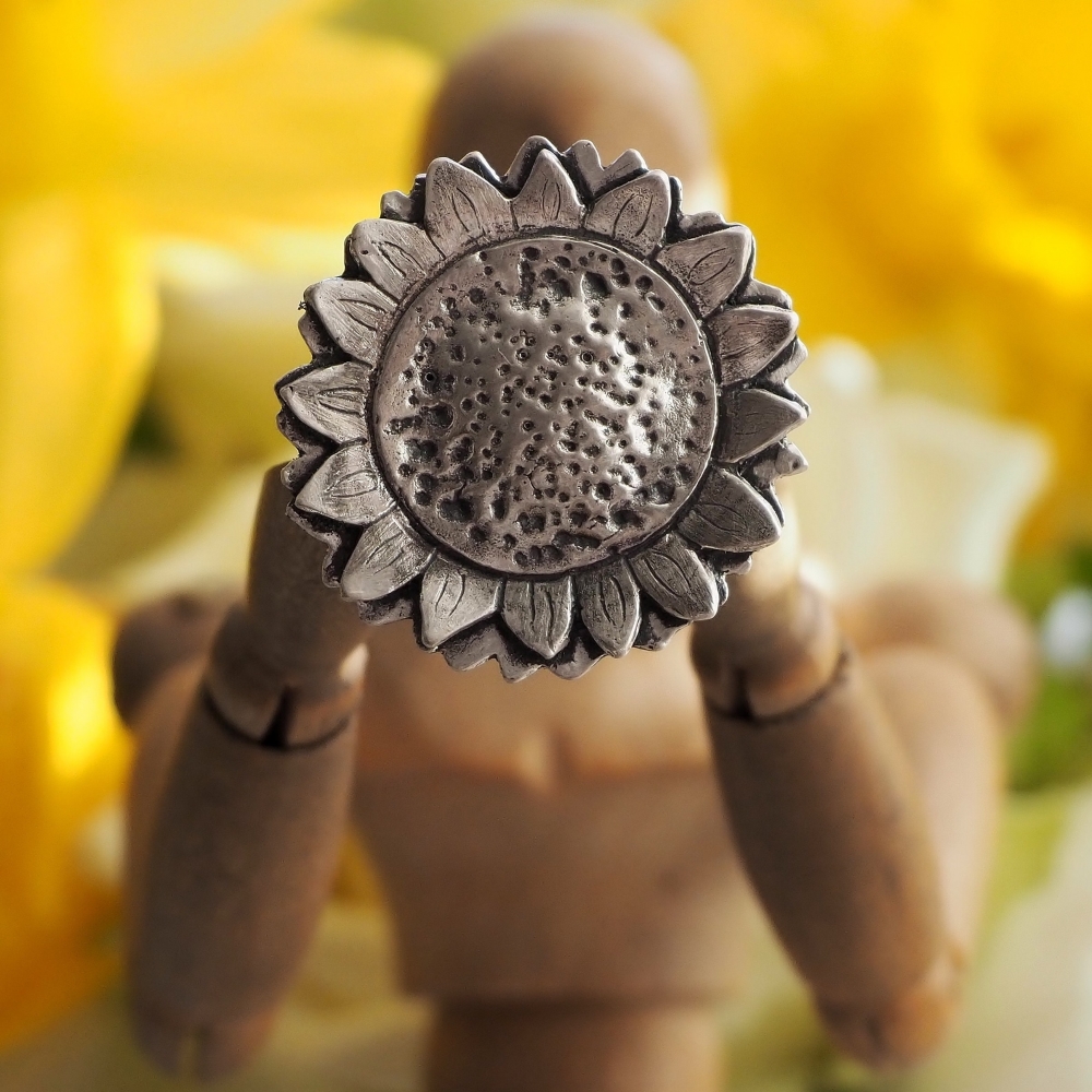 Sterling silver ring with fine silver sunflower