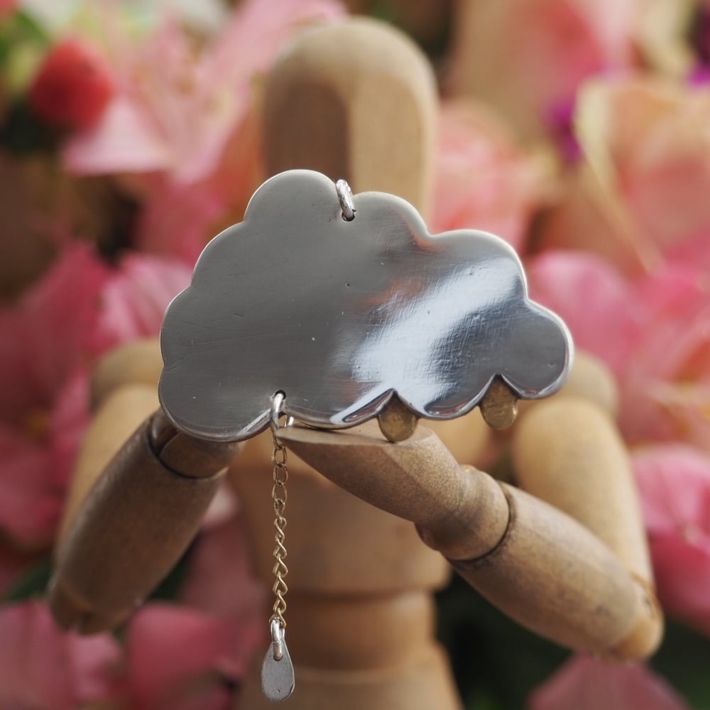 Fine silver cloud with gold raindrops on a sterling silver chain