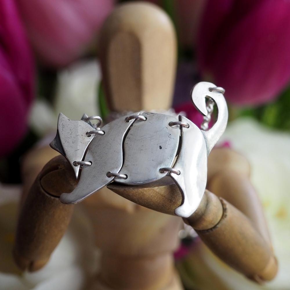 Fine silver articulated cat on a sterling silver chain