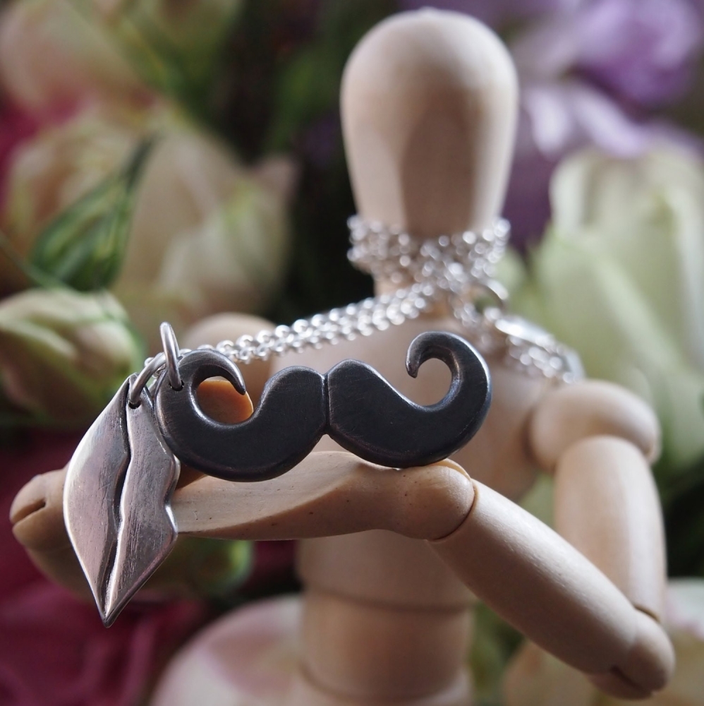 Fine silver lips and moustache on a sterling silver chain
