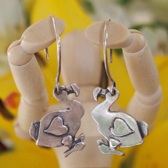 Fine silver dodo earrings on hand formed sterling silver wires