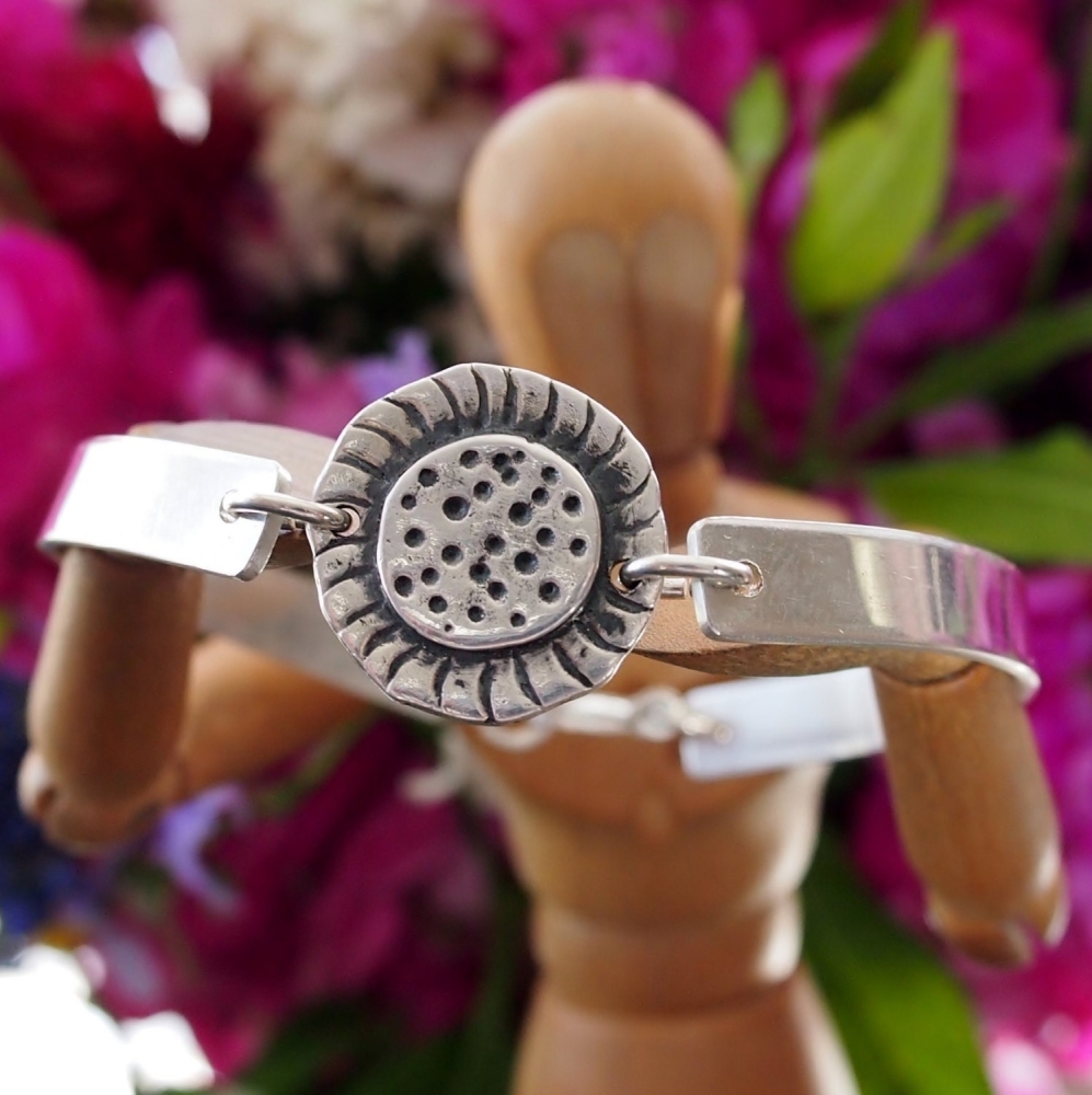 Sterling silver bangle with fine silver sunflower