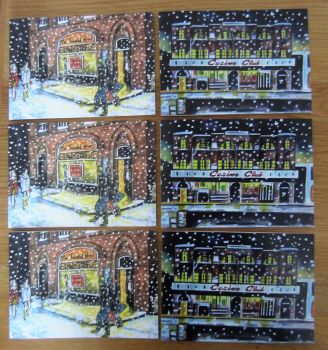 Three Wheel and Three Casino Christmas Cards. Two different designs, each card measures 7 inches by 5 inches, with envelopes.