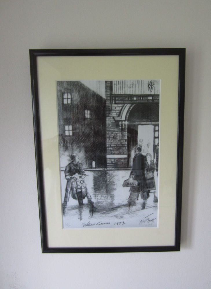 "Lambretta Outside Wigan Casino" - A4 size, mounted and framed. Overall size 30.5 cm tall by 22 cm wide.