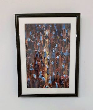 "On the Floor" - Mounted and Framed, Black Frame. Overall size 9.4 inches tall by 7.4 inches wide.