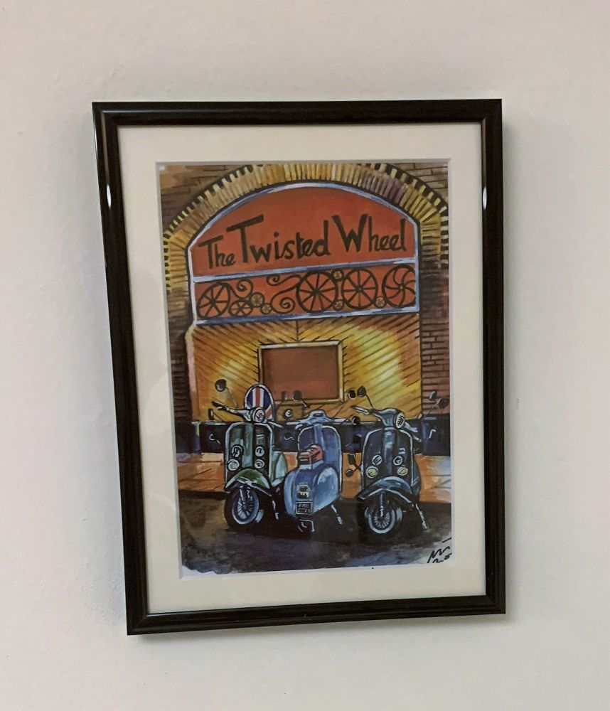 "Scooters at the Wheel" - Mounted and framed. Overall size, 9.4 inches tall by 7.4 inches wide.