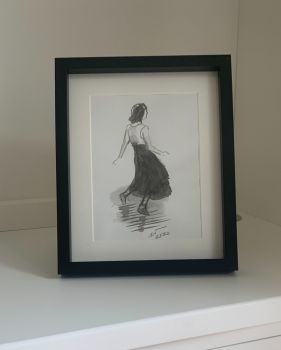 Soul Girl in Ink - a Sumi-e Black Ink Brush Painting, Mounted and Framed. Overall size, 11 inches tall by 9 inches wide.