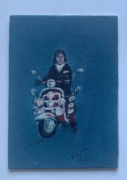 "Scooter Boy, Part 1" - An original oil painting on art board. Size - 7 inches tall by 5 inches wide.