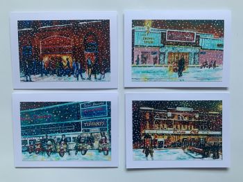A pack of Four Hand Made Christmas Cards showing scenes outside 4 great Northern Soul Clubs Each card measures 7 inches by 5 inches (image 6" x 4"), w