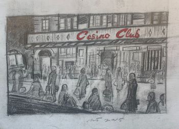 "Waiting at the Casino Club" - Original pencil sketch with acrylic paint addition. Size, 21 cm wide by 13 cm tall.