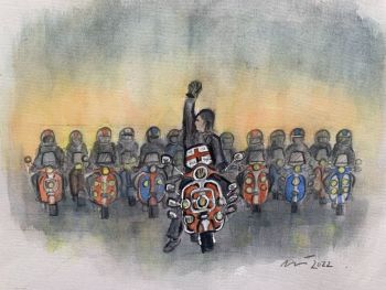 "FOR ENGLAND" - Original signed water colour painting. Overall size - 25 cm wide by 20 cm tall.