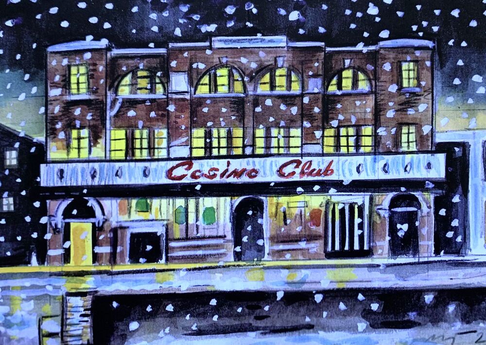Four Christmas Cards of Wigan Casino in the snow,  cards measure 7 inches b