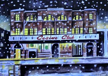 Four Christmas Cards of Wigan Casino in the snow,  cards measure 7 inches by 5 inches, with envelopes.