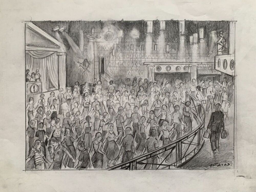 "At the Torch Pencil Sketch" - An original pencil sketch of the packed dance floor at the Torch.