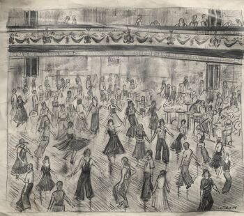 "Out on the Floor at the Casino" - An original pencil sketch of the packed dance floor at Wigan Casino