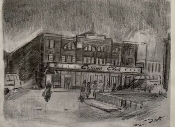 "Casino Club" - Original pencil sketch  showing a scene outside Wigan Casino Size, 30 cm wide by 23 cm tall.