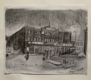 "Casino Club" - Original pencil sketch  showing a scene outside Wigan Casino Size, 30 cm wide by 23 cm tall.
