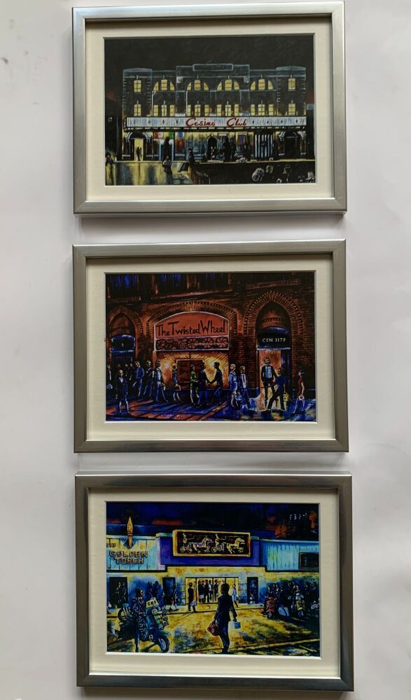 Three mounted and silver framed prints of the 3 great Northern Soul clubs, each 21 cm wide by 16 cm tall.