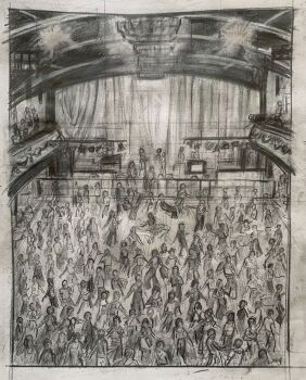 "3am, Wigan Casino" - An original pencil sketch of the packed dance floor at the Casino. 31 cm by 24.5 cm.