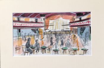 "Warming Up at Wigan Casino" - Original water colour painting, mounted and backed ready for framing. Overall size 33 cm wide by 22 cm tall.