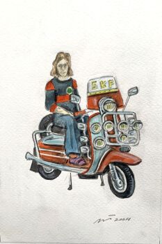"SKF Scooter Boy" - Original Water Colour Painting by Neil Thompson. Size - 13 cm tall by 11 cm wide.