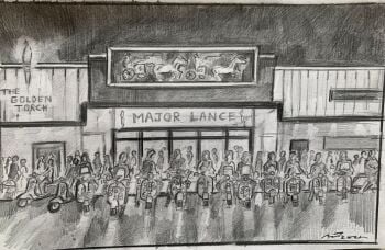 "Scooters at the Torch, Major Lance" - An original pencil sketch of scooters at the Torch before the Major Lance all nighter