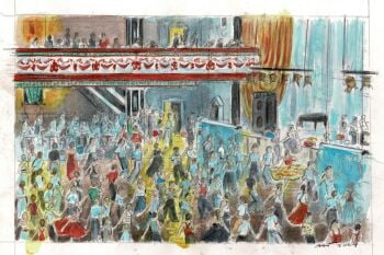 "4 am, Wigan Casino" - An original water colour painting of the packed dance floor at the Casino. 33 cm by 21 cm.