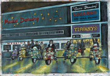 "I Ain't Going Nowhere" - An original water colour painting of scooters outside Blackpool Mecca 40 cm by 27 cm.