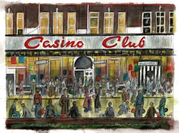 "Outside the Casino, Part II" - Original Water Colour Painting by Neil Thompson. Size - 32 cm wide by 24 cm tall.